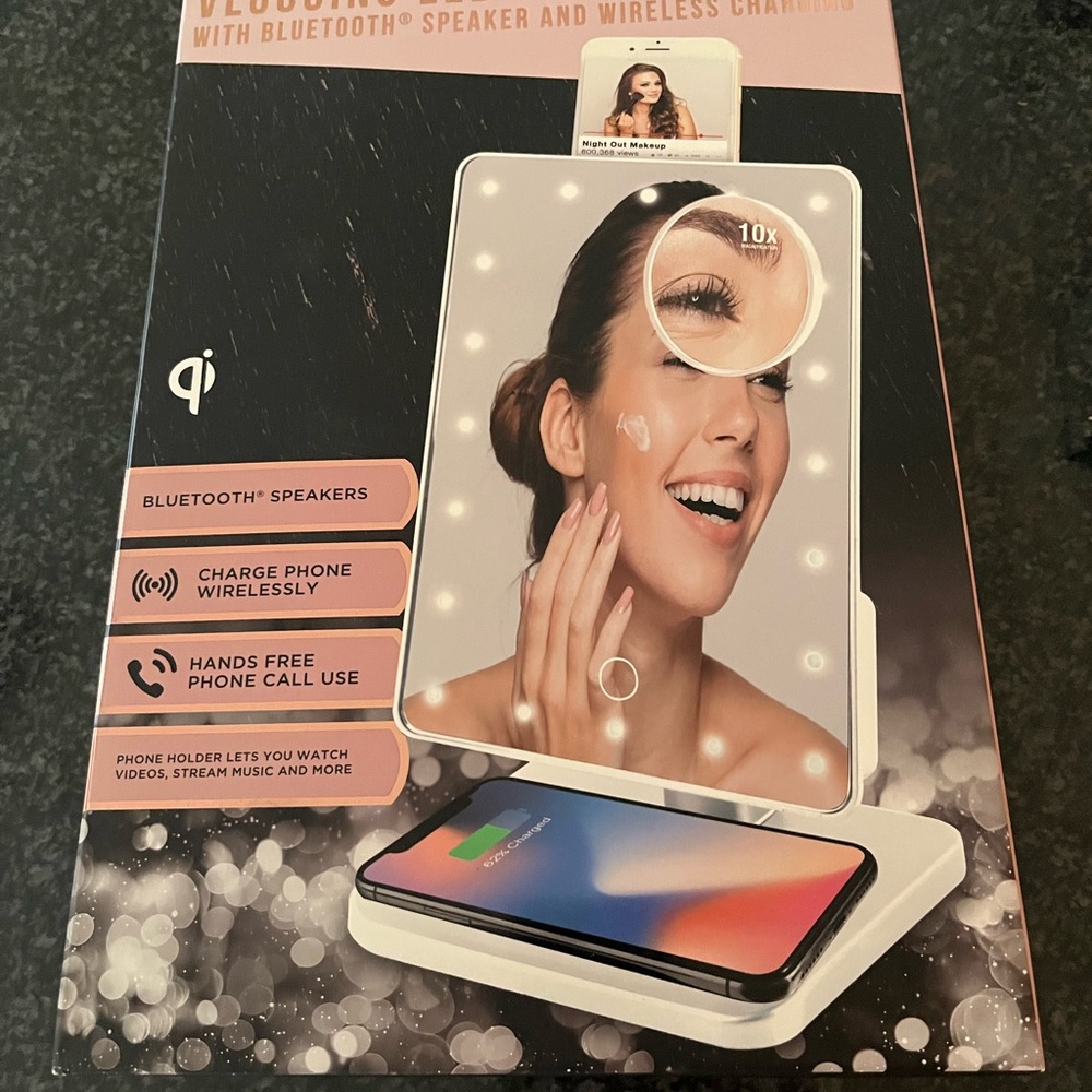 Bluetooth Speaker and Wireless Charger with LED Mirror - White